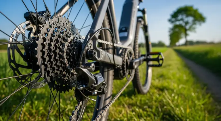 Le dérailleur et la cassette d'un vélo électrique stationné sur un sentier herbeux au milieu d'un champ