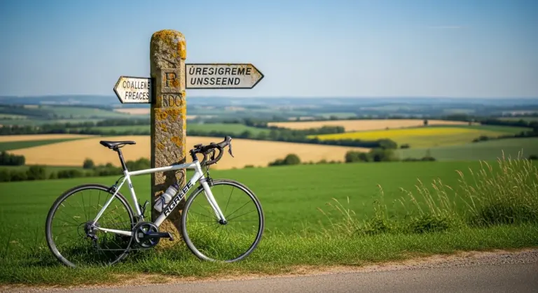 Un vélo de course blanc appuyé contre une borne kilométrique indiquant des directions dans un paysage champêtre