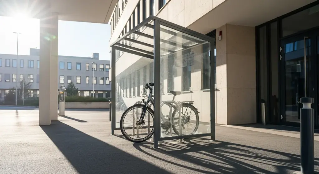 Un vélo est garé à l'intérieur d'un abri vitré devant un bâtiment moderne par une journée ensoleillée
