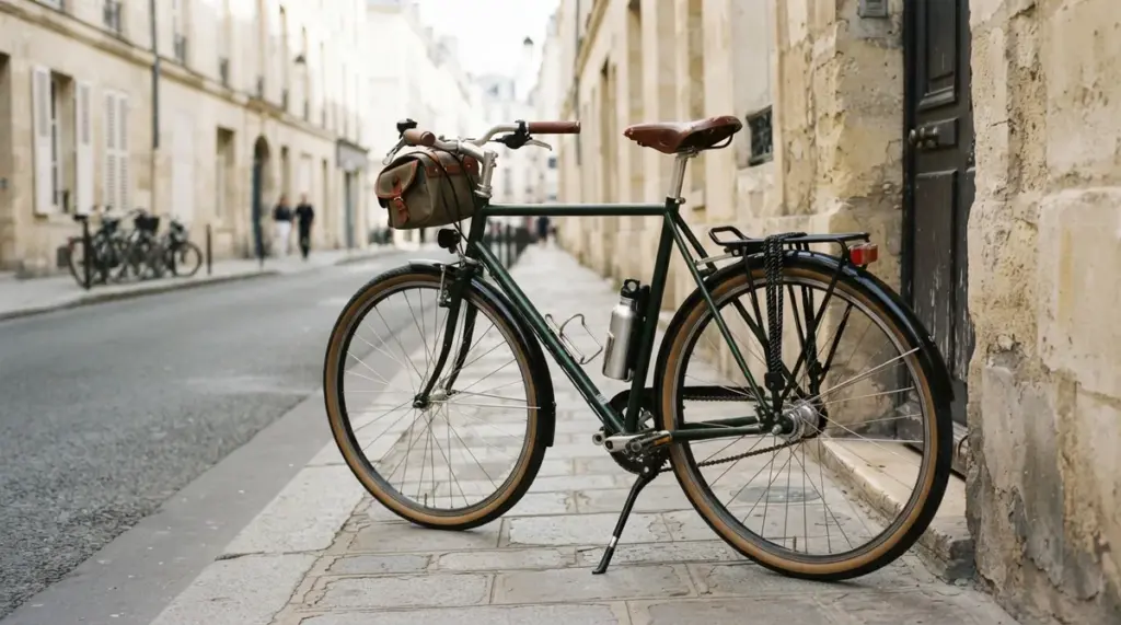 Un vélo vert à cadre classique et selle en cuir garé dans une rue pavée européenne