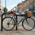 Un vélo bleu attaché à une barrière métallique sur le trottoir d'une rue commerçante animée