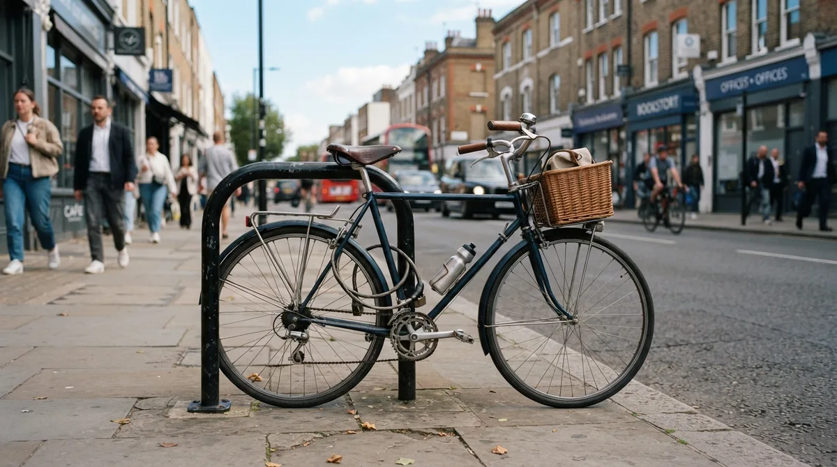 Un vélo bleu attaché à une barrière métallique sur le trottoir d'une rue commerçante animée