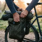 Des mains manipulent une sacoche fixée sur le porte-bagages d'un vélo dans un campement avec des tentes