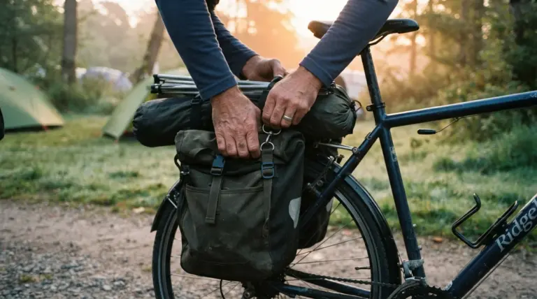 Des mains manipulent une sacoche fixée sur le porte-bagages d'un vélo dans un campement avec des tentes
