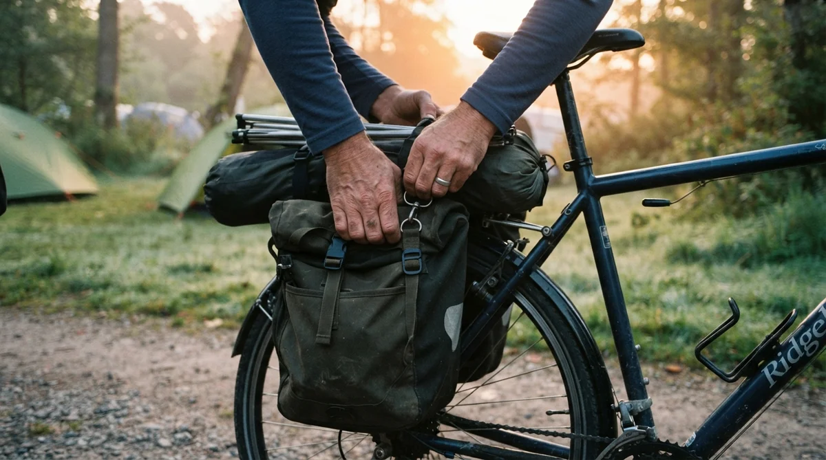 Des mains manipulent une sacoche fixée sur le porte-bagages d'un vélo dans un campement avec des tentes