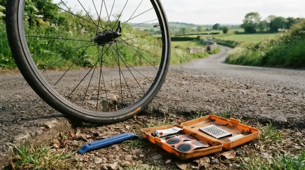 Bicycle wheel off the bike, resting against an asphalt roadside, a tyre lever and open puncture kit on the ground