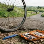 Bicycle wheel off the bike, resting against an asphalt roadside, a tyre lever and open puncture kit on the ground