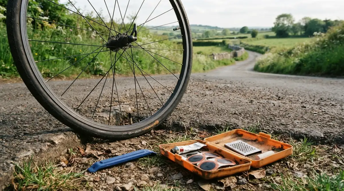 Bicycle wheel off the bike, resting against an asphalt roadside, a tyre lever and open puncture kit on the ground