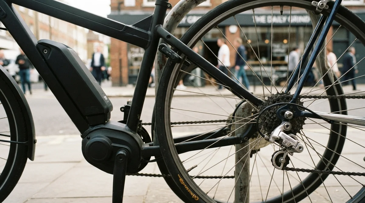 A close-up of an electric bike's battery pack alongside a mechanical bike's classic derailleur