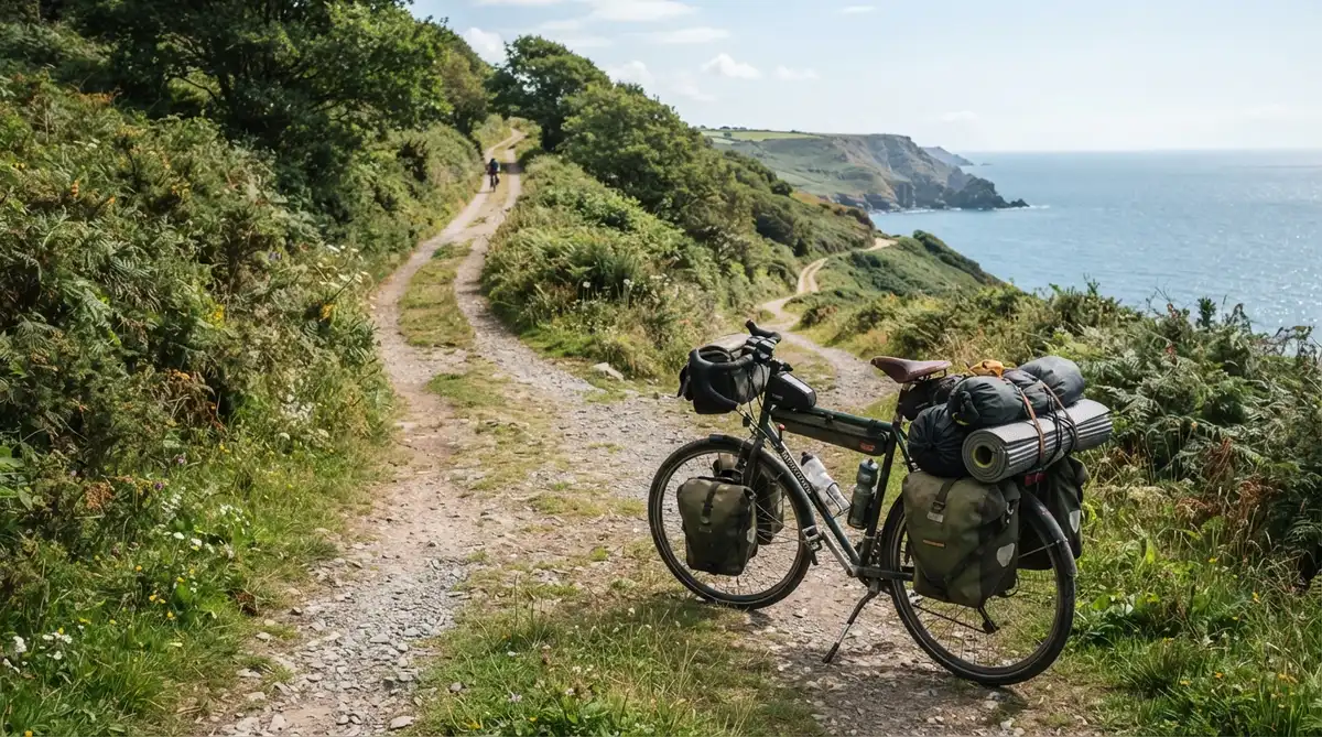 A robustly loaded touring bicycle pauses off-centre at a fork in a sun-dappled coastal cycle path